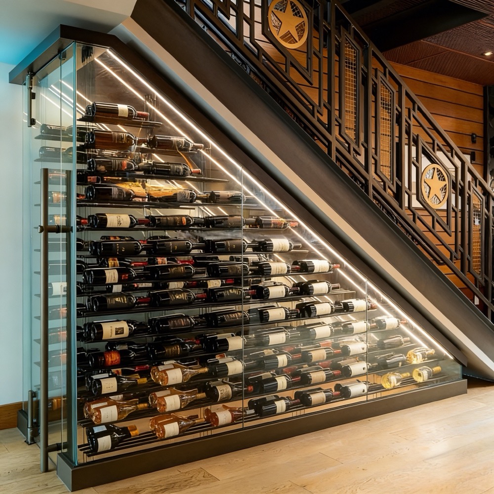 Bespoke Under-Stairs Architectural Wine Showcase Shelving Structure