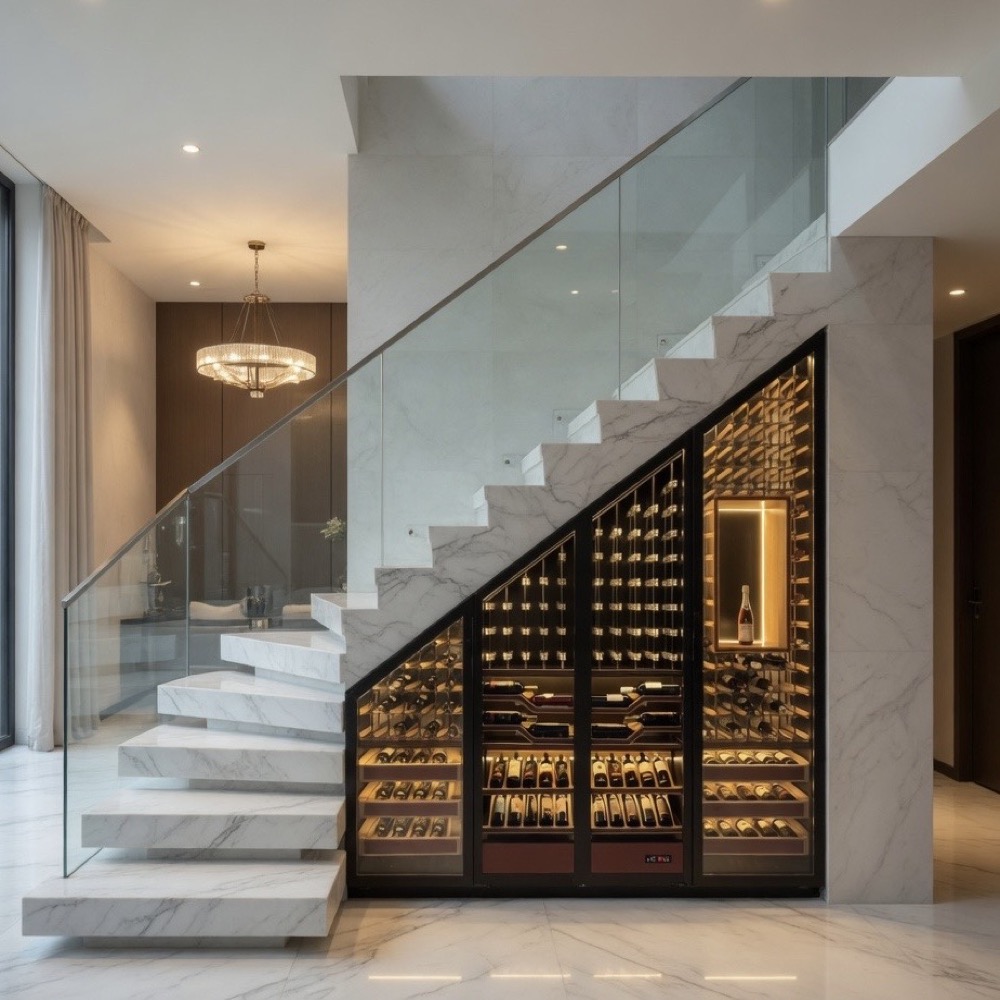 Bespoke Under-Stairs Architectural Wine Showcase Frame Finish